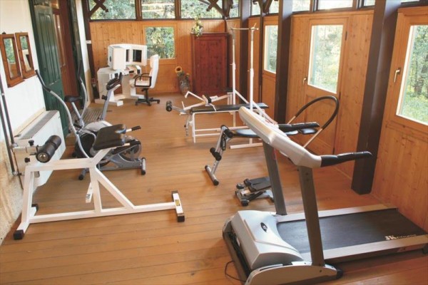 Malá telocvičňa s rôznym fitness vybavením a drevenou podlahou.