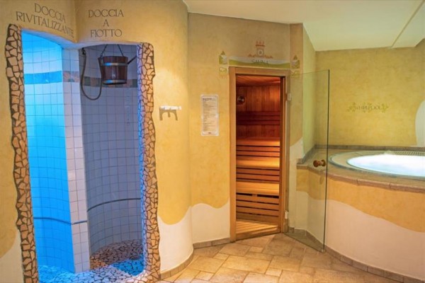 Wellness priestory s parnou sprchou, saunou a vírivkou.  