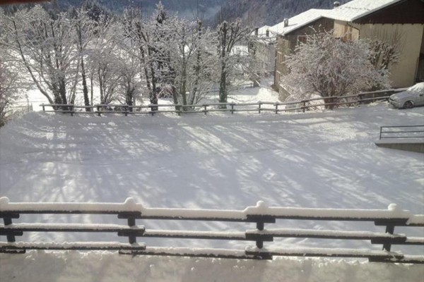 Zasnežená krajina s plotom a stromami v pozadí.