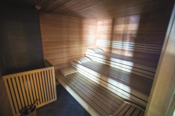 Drevená sauna s lavicami a pieckou.
