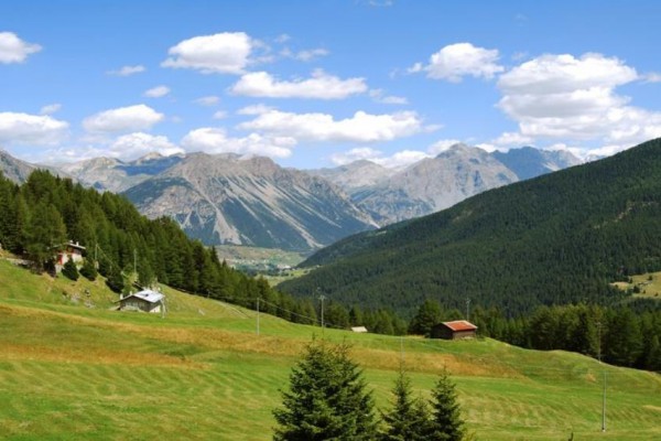 Horská krajina s roztrúsenými chalupami, lesmi a vzdialenými horami.