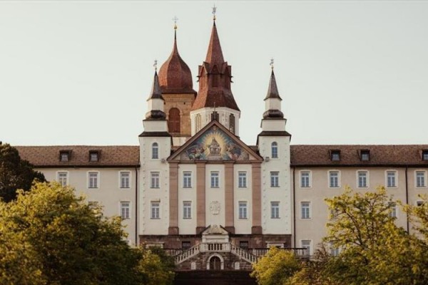 Historická budova s vežami a freskou na priečelí obklopená stromami.
