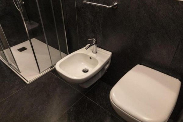 Kúpeľňa so záchodom, bidetom a sprchovacím kútom s tmavým obkladom.